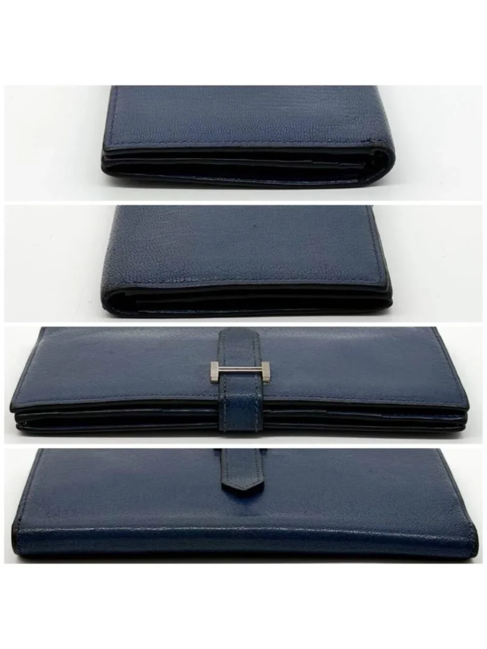 Hermes Bearn Soufflet Chevre Navy Wallet Silver Bifold